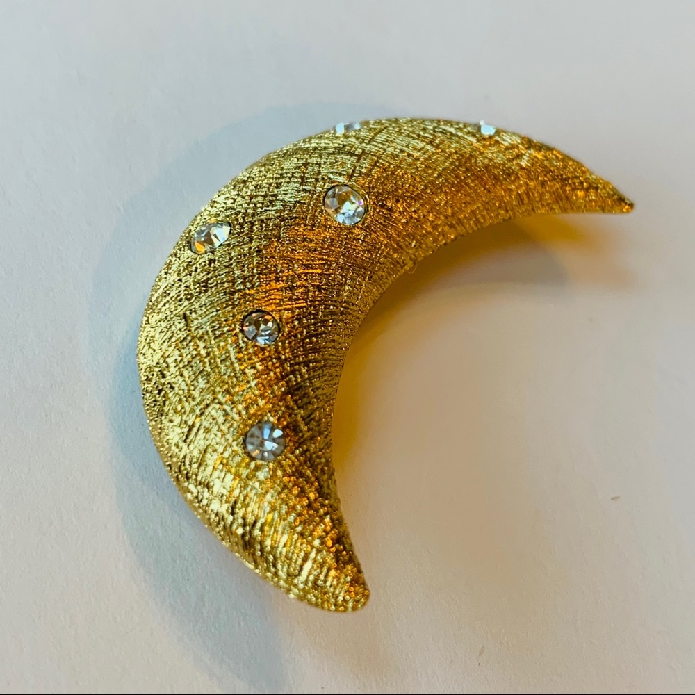 DIOR Crescent Moon Brooch Pin Gold Crystal Vintage - Picture 2 of 6
